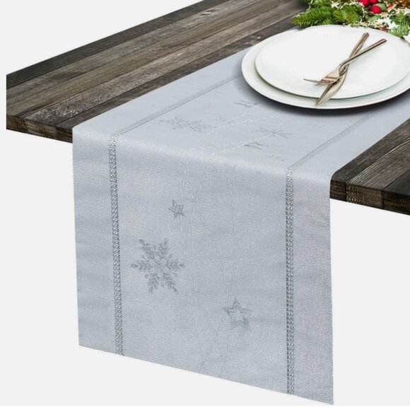 Simhomsen Silver Lined Embroidered  Jewels Snowflake Table Runner 120" x 14" - Picture 6 of 8